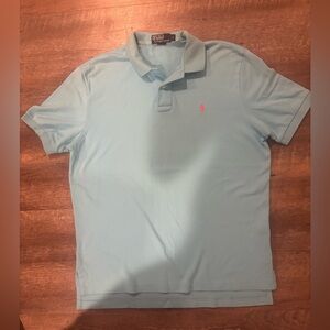 Ralph Lauren Men's Polo Shirt in Light Blue with Pink Logo